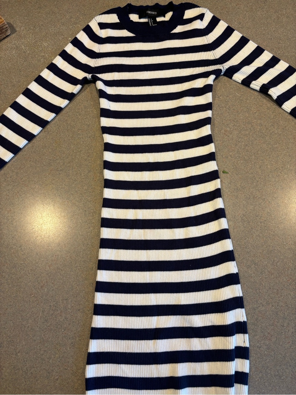 Striped Ribbed Long Sleeve Knit Dress - Navy & White